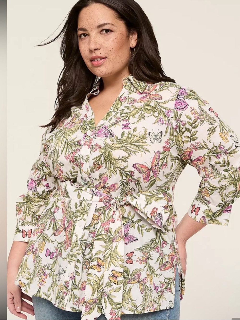 Lane Bryant White Floral & Butterfly Tie-Waist Button Down Shirt
